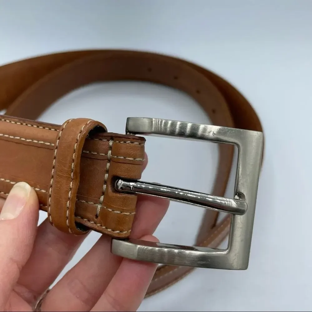 Tan Leather Silver Buckle Adjustable Belt 12/105 Mens Thick Classic Casual